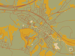 Poster-ready flat map of Valkenburg, Netherlands, sage green ground with rust-red roads and ochre accents.