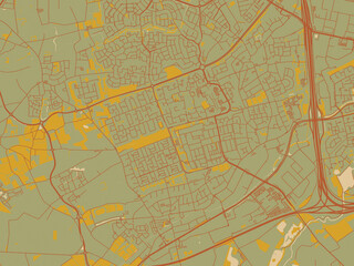 Flat painterly map of Veldhoven, Netherlands in muted sage base, rust-colored roads, and soft ochre highlights.