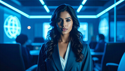 Confident businesswoman in a modern, blue-lit corporate conference room, embodying strategic leadership and technological prowess in a high-stakes environment