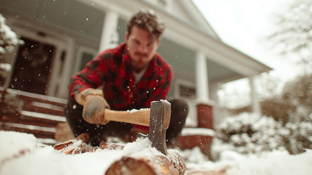 A cheerful young man is chopping wood in the snowy backyard, enjoying winter fun and activity Generative AI - Powered by Adobe