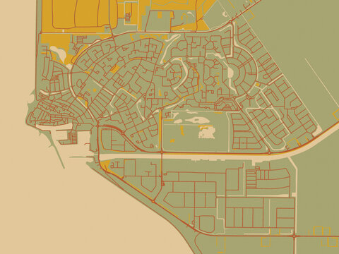 Decorative flat city map of Urk, Netherlands using olive backdrop with warm rust street network and ochre blocks.