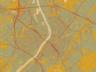 Flat painterly map of Venlo, Netherlands in sage green ground with rust-red roads and ochre accents.