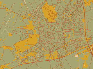 Obraz premium Poster-ready flat map of Venray, Netherlands, sage/olive tone field with rust networks and ochre shapes, cream water.
