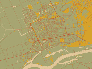 Vector-style flat map of Wageningen, Netherlands with olive backdrop with warm rust street network and ochre blocks.
