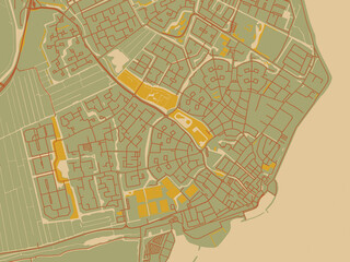 Obraz premium Modern flat map poster of Volendam, Netherlands in sage green ground with rust-red roads and ochre accents.
