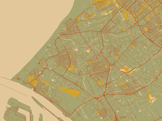 Obraz premium Poster-ready flat map of Westland, Netherlands, muted sage base, rust-colored roads, and soft ochre highlights.