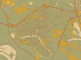 Flat painterly map of Wijchen, Netherlands in sage/olive tone field with rust networks and ochre shapes, cream water.