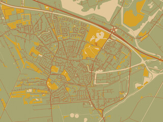 Fototapeta premium Vector-style flat map of Winschoten, Netherlands with sage/olive tone field with rust networks and ochre shapes, cream water.