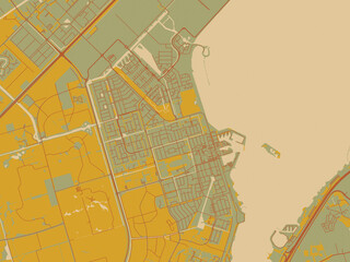 Obraz premium Abstract flat-design map of Zeewolde, Netherlands, featuring olive backdrop with warm rust street network and ochre blocks.