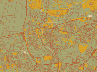 Decorative flat city map of Bedzin, Poland using earthy sage background with rust roadways and ochre details.