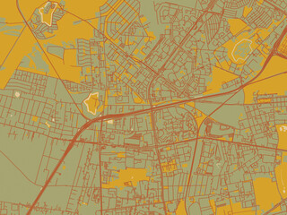 Minimalist flat city map of Bemowo, Poland with muted sage base, rust-colored roads, and soft ochre highlights.
