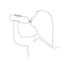 Continuous line drawing of a girl drinking water from a bottle. vector illustration