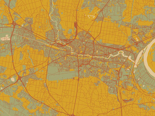Fototapeta premium Stylized minimalist map of Bydgoszcz, Poland in sage/olive tone field with rust networks and ochre shapes, cream water.