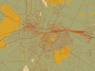 Minimalist flat city map of Chelm, Poland with earthy sage background with rust roadways and ochre details.