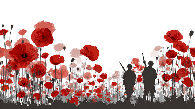 Remembrance day banner with red poppy flowers and Soldiers Silhouettes against white background. Memorial for victims of Warld war