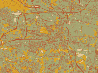 Vector-style flat map of Bytom, Poland with sage/olive tone field with rust networks and ochre shapes, cream water.