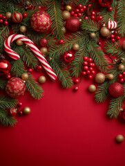 Glistening fir branches adorned with colorful ornaments and candy canes create a festive scene Generative AI