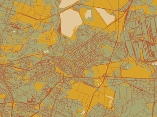 Poster-ready flat map of Dabrowa Gornicza, Poland, earthy sage background with rust roadways and ochre details.