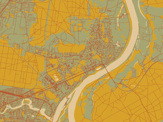 Flat painterly map of Fordon, Poland in sage/olive tone field with rust networks and ochre shapes, cream water.