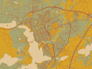 Decorative flat city map of Elk, Poland using earthy sage background with rust roadways and ochre details.