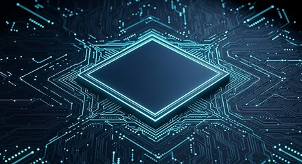 Abstract digital art featuring a glowing blue diamondshaped chip at the center of a complex circuit board pattern, symbolizing advanced technology and data processing in a futuristic cyberspace