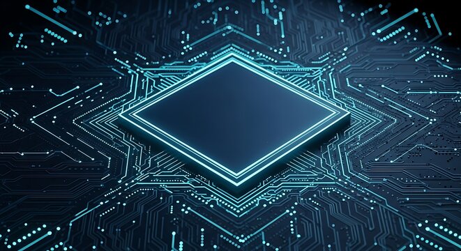 Abstract digital art featuring a glowing blue diamondshaped chip at the center of a complex circuit board pattern, symbolizing advanced technology and data processing in a futuristic cyberspace - Powered by Adobe