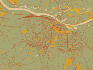 Poster-ready flat map of Glogow, Poland, earthy sage background with rust roadways and ochre details.