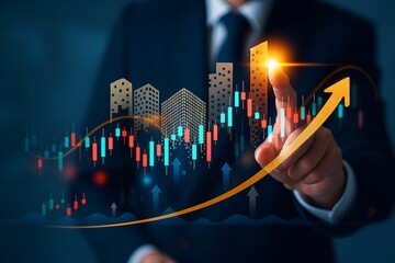 Financial growth and investment strategy – businessman interacting with digital market charts and urban development backdrop