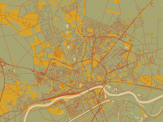 Abstract flat-design map of Gorzow Wielkopolski, Poland, featuring muted sage base, rust-colored roads, and soft ochre highlights.