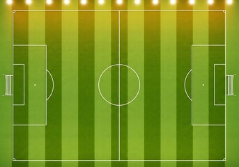 High quality image of overhead view of a soccer field with bright stadium lights illuminating the green grass and white markings, ready for a match
