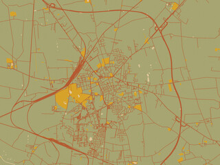 Contemporary flat map of Inowroclaw, Poland design with earthy sage background with rust roadways and ochre details.