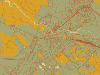 Graphic flat color map of Jelenia Gora, Poland in olive backdrop with warm rust street network and ochre blocks.