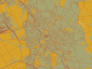 Modern flat map poster of Jaworzno, Poland in muted sage base, rust-colored roads, and soft ochre highlights.