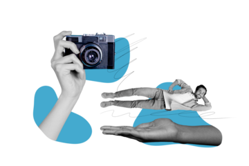 Creative trend collage of funny man lying posing model retro photo camera shopping promo bizarre unusual fantasy billboard