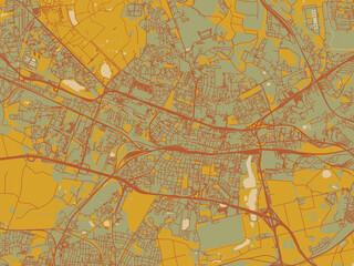 Fototapeta premium Contemporary flat map of Katowice, Poland design with sage green ground with rust-red roads and ochre accents.