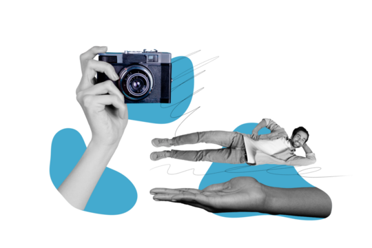 Creative trend collage of funny man lying posing model retro photo camera shopping promo bizarre unusual fantasy billboard