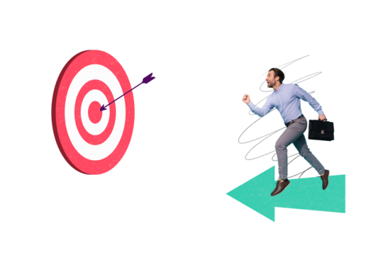 Creative picture collage young happy excited businessman go forward business success achieve goal aim archery arrow persistence