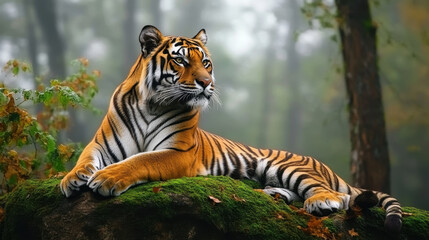 Fototapeta premium Tiger resting on mossy rock amid misty trees