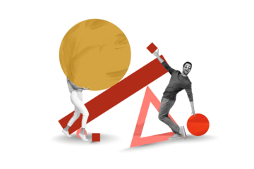 Composite photo collage of two happy girl guy business employee development carry figures promotion isolated on painted background