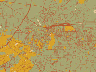Contemporary flat map of Legnica, Poland design with olive backdrop with warm rust street network and ochre blocks.