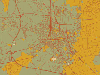 Modern flat map poster of Leszno, Poland in olive backdrop with warm rust street network and ochre blocks.