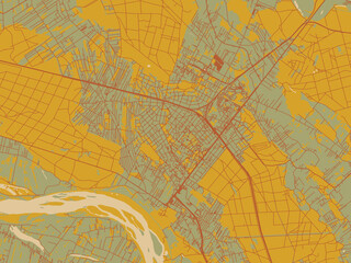 Graphic flat color map of Legionowo, Poland in sage green ground with rust-red roads and ochre accents.