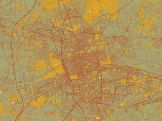 Vector-style flat map of Lodz, Poland with olive backdrop with warm rust street network and ochre blocks.