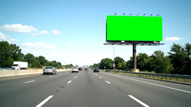 Green screen billboard on a highway. POV driving shot with a blank advertising template. Customizable copy space for marketing content