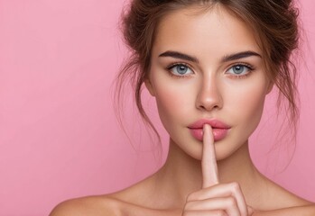 Fototapeta premium beautiful woman with flawless skin performing a shrug, holding her finger to her lips and making a silence gesture