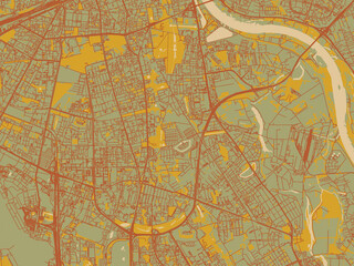 Obraz premium Decorative flat city map of Mokotow, Poland using muted sage base, rust-colored roads, and soft ochre highlights.