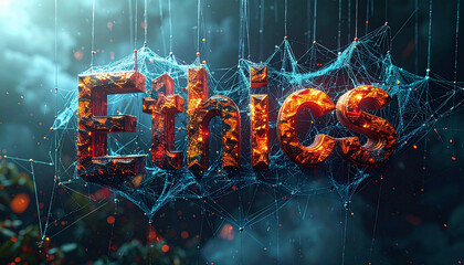 The concept of Ethics in a digital, interconnected world, depicted with fiery, textured 3D typography amidst a complex web of glowing data connections and neural network structures
