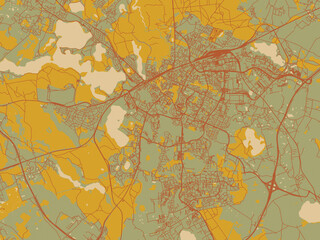 Decorative flat city map of Olsztyn, Poland using sage green ground with rust-red roads and ochre accents.