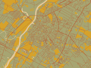 Obraz premium Modern flat map poster of Ostroleka, Poland in earthy sage background with rust roadways and ochre details.