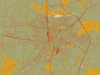 Obraz premium Stylized minimalist map of Ostrow Wielkopolski, Poland in olive backdrop with warm rust street network and ochre blocks.